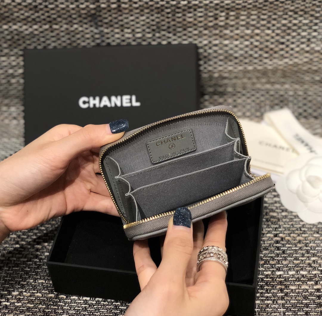 Bagsaaa Ch**el Grey Caviar Coin Purse Gold Hardwware - 7.5×2×11.cm