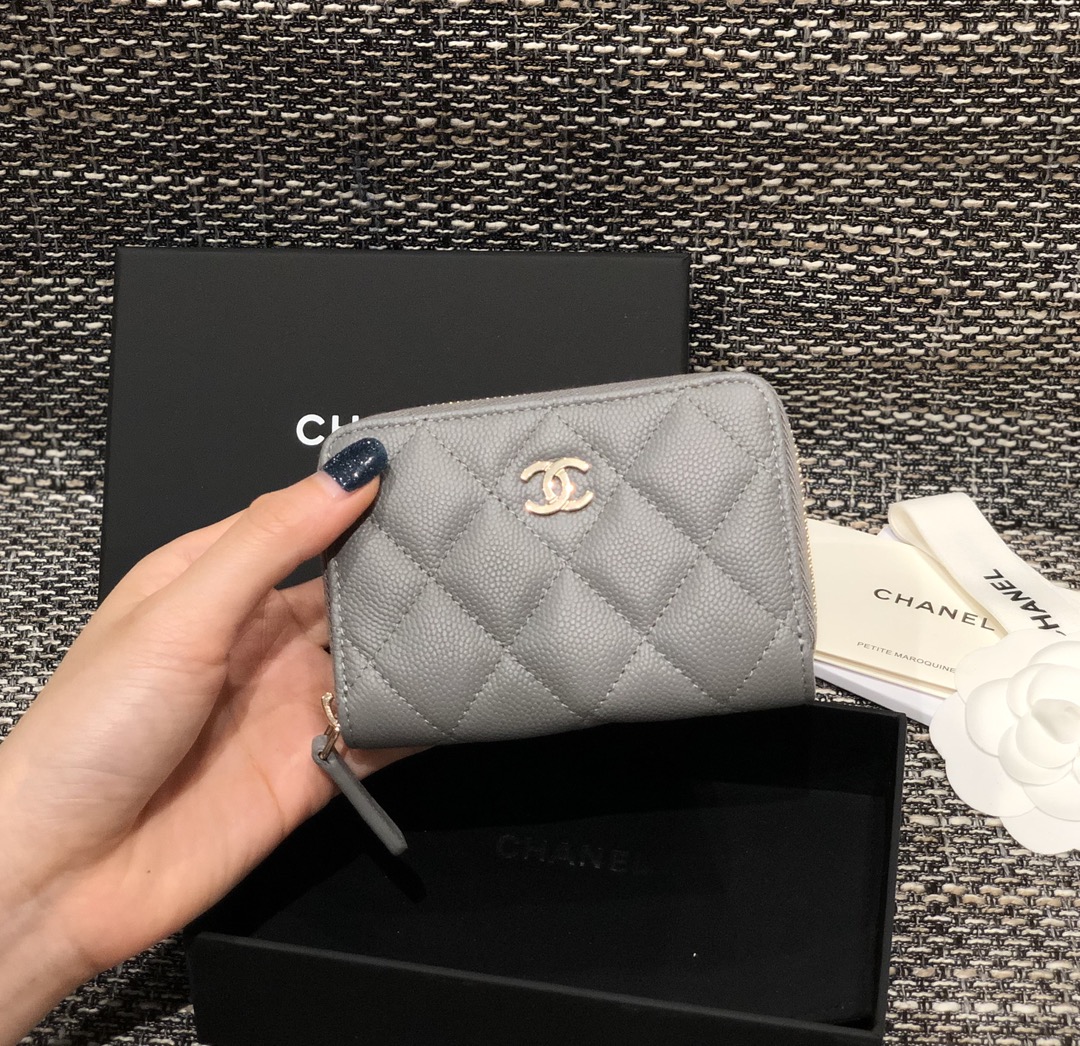 Bagsaaa Ch**el Grey Caviar Coin Purse Gold Hardwware - 7.5×2×11.cm