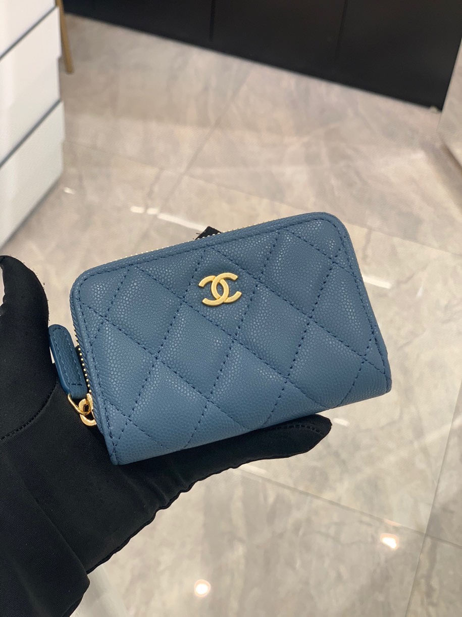 Bagsaaa Ch**el Blue Caviar Coin Purse Gold Hardwware - 7.5×2×11.cm
