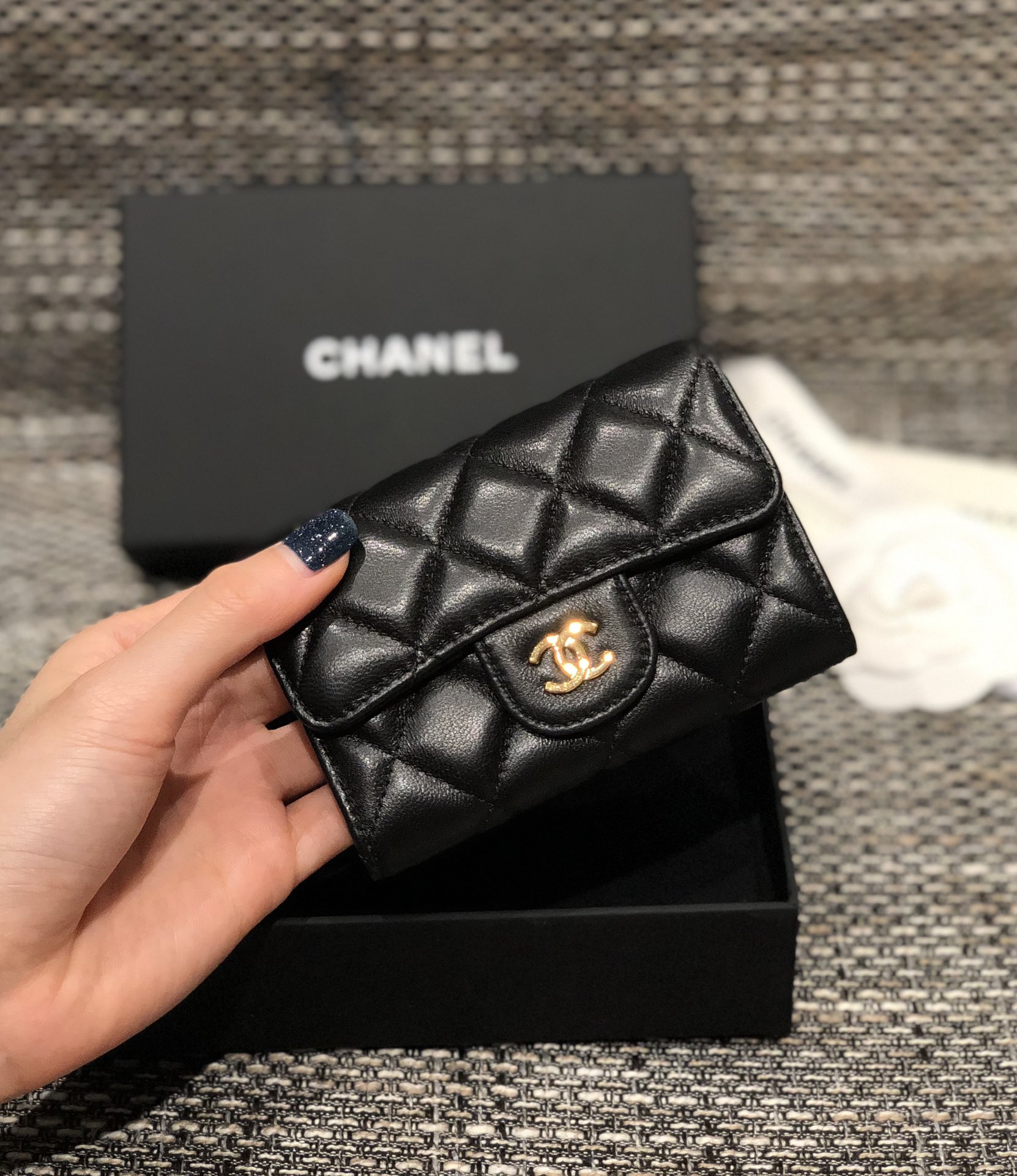 Bagsaaa Ch**el Flap Coin Purse Black Lambskin Leather