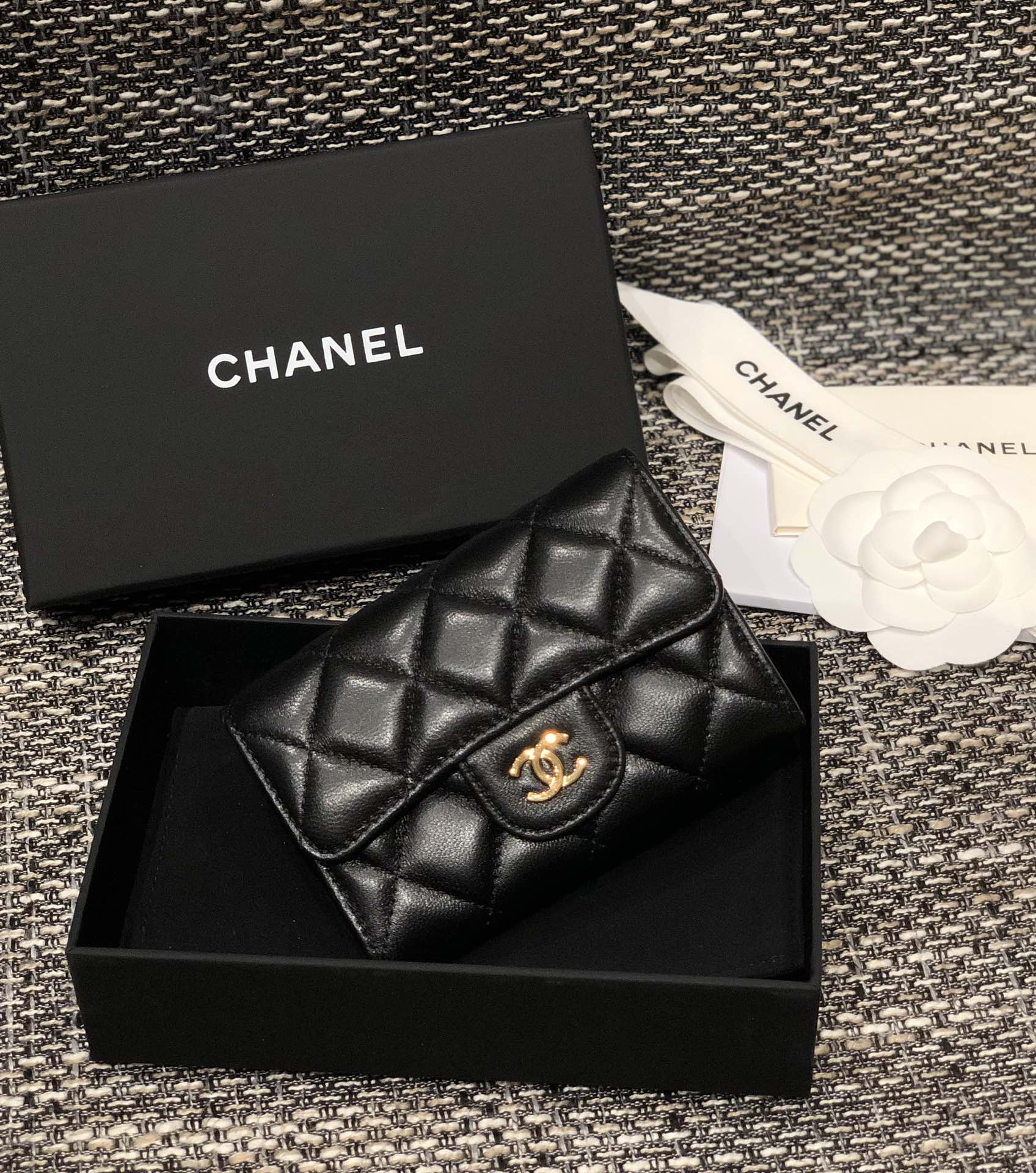 Bagsaaa Ch**el Flap Coin Purse Black Lambskin Leather