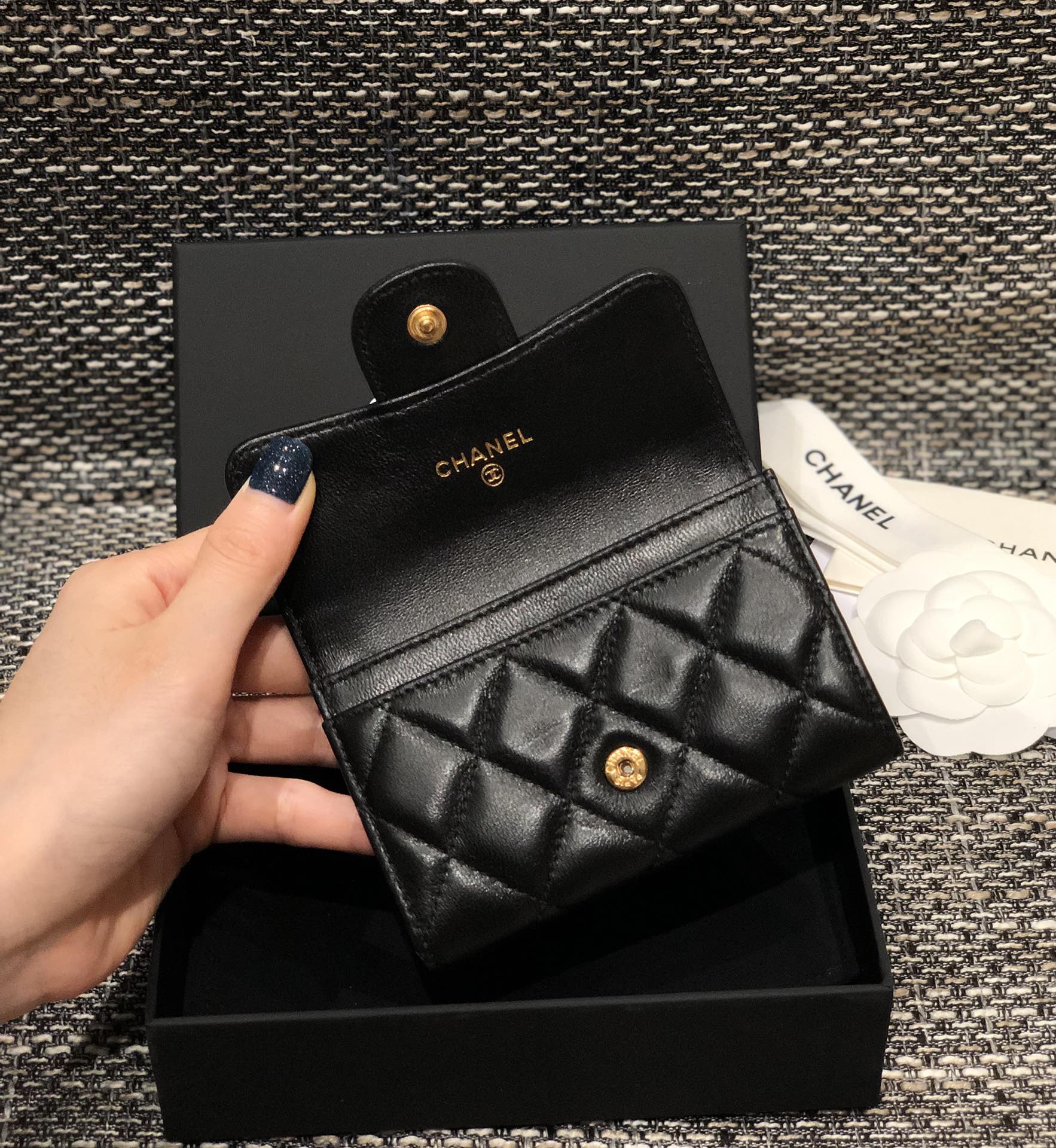 Bagsaaa Ch**el Flap Coin Purse Black Lambskin Leather