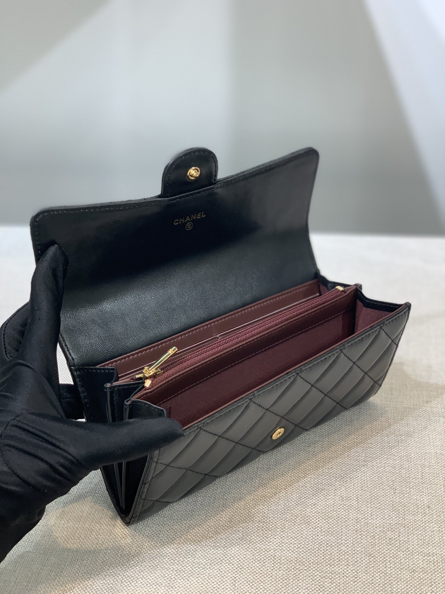 Bagsaaa Ch**el Flap 3 Fold Wallet Black Lambskin Gold Logo - 19.5×10×3cm