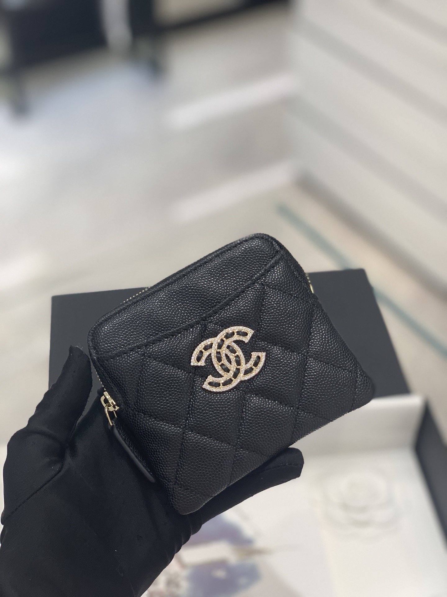 Bagsaaa Ch**el Coin Purse Black Quilted Logo - 11x9.5x1.5cm