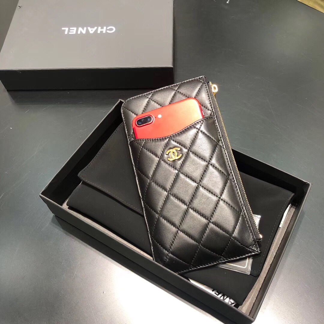 Bagsaaa Ch**el Phone Wallet Lambskin Black - 19.5*10.5*0.5