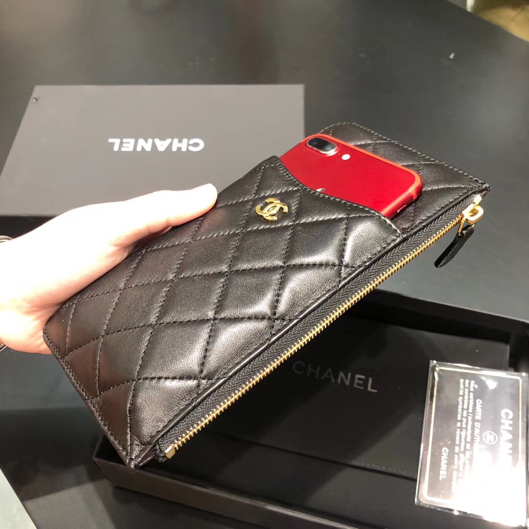 Bagsaaa Ch**el Phone Wallet Lambskin Black - 19.5*10.5*0.5