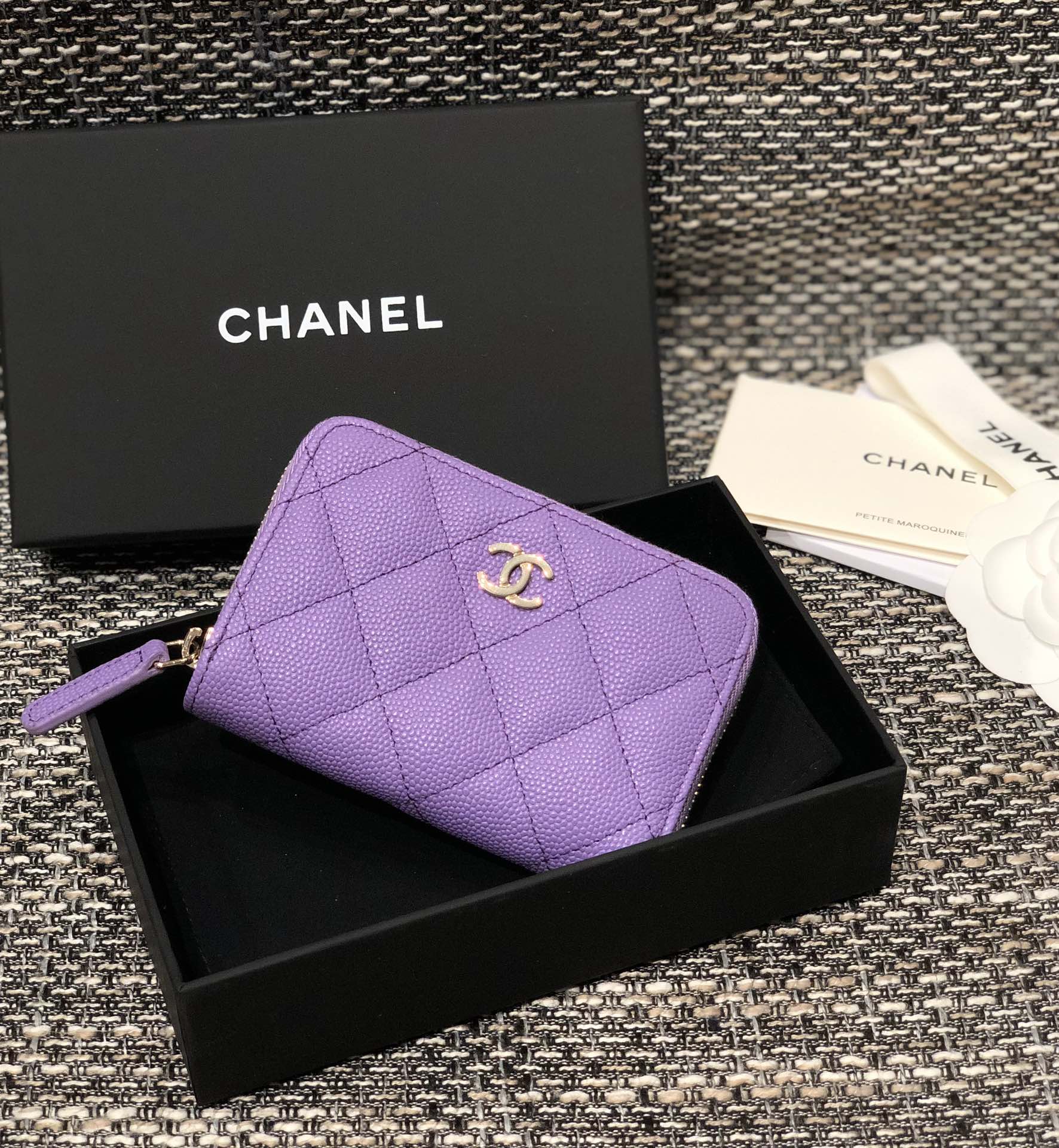 Bagsaaa Ch**el Purple Caviar Coin Purse Gold Hardware - 7.5×2×11.cm