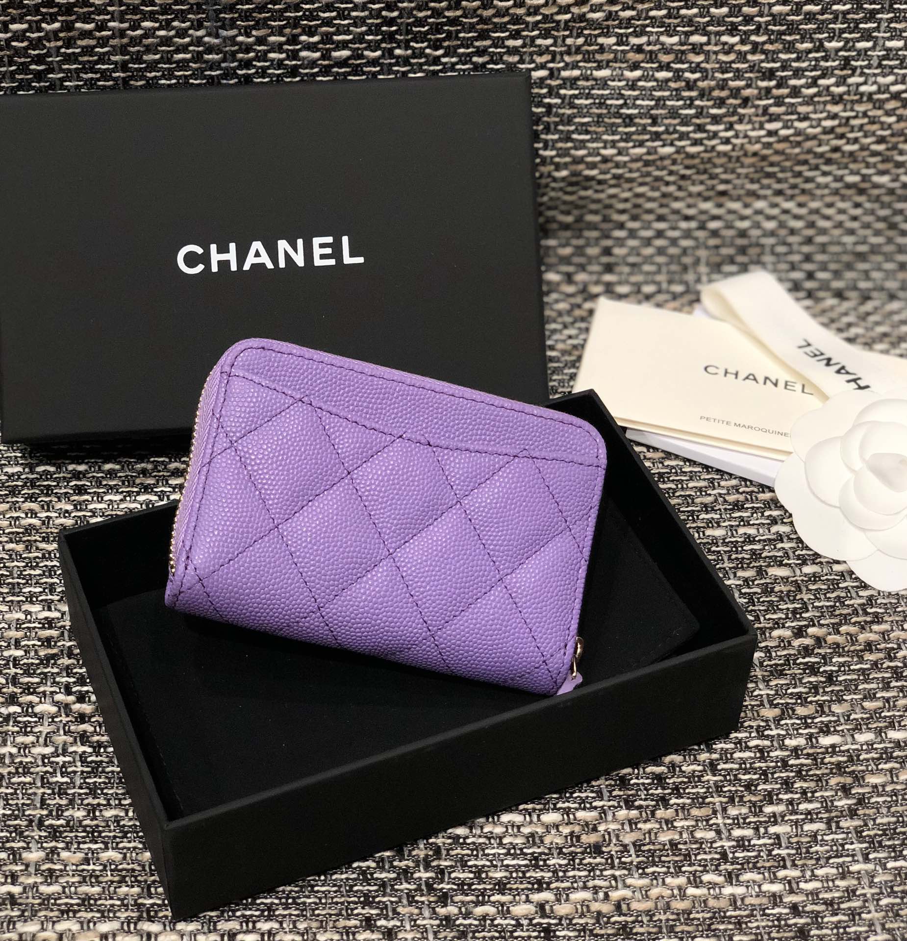 Bagsaaa Ch**el Purple Caviar Coin Purse Gold Hardware - 7.5×2×11.cm