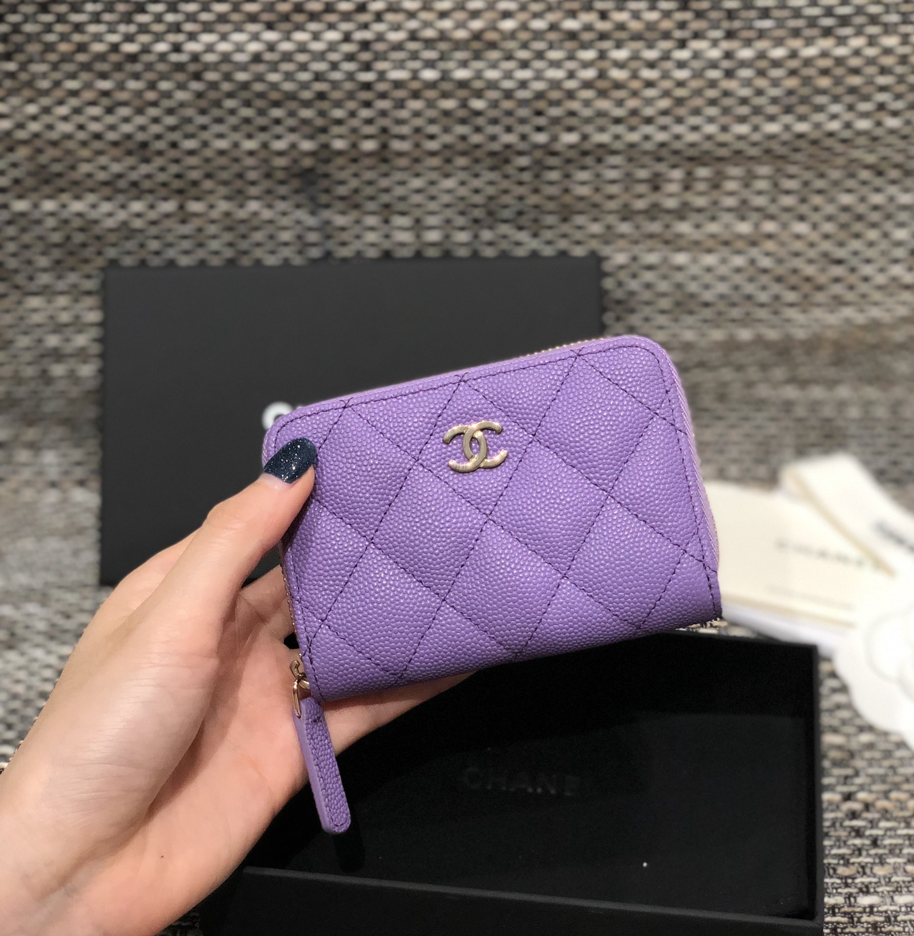 Bagsaaa Ch**el Purple Caviar Coin Purse Gold Hardware - 7.5×2×11.cm