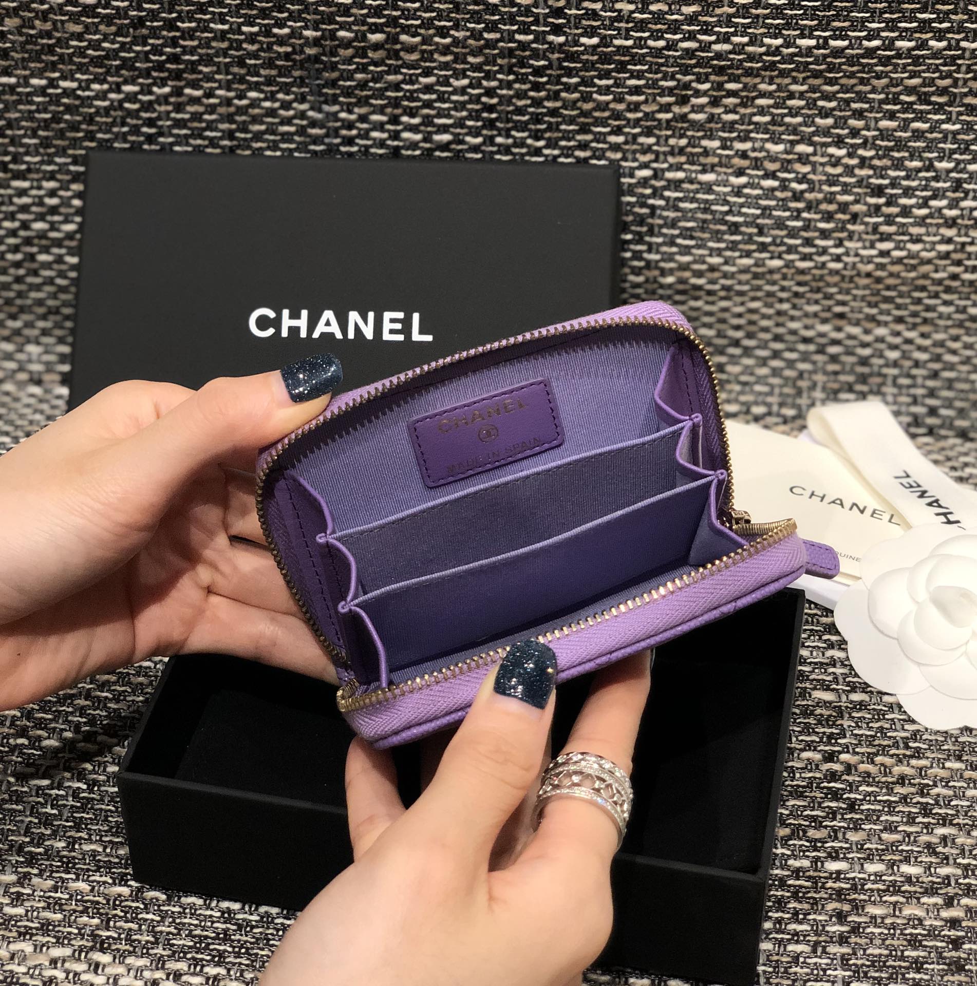 Bagsaaa Ch**el Purple Caviar Coin Purse Gold Hardware - 7.5×2×11.cm