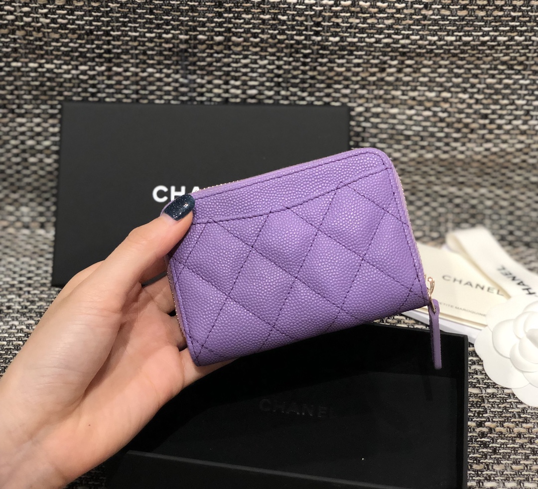 Bagsaaa Ch**el Purple Caviar Coin Purse Gold Hardware - 7.5×2×11.cm