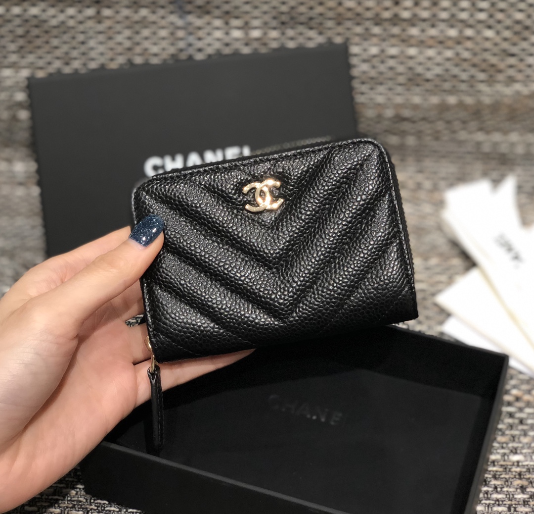 Bagsaaa Ch**el Chevron Coin Purse Caviar Leather Gold - 7.5×2×11.cm