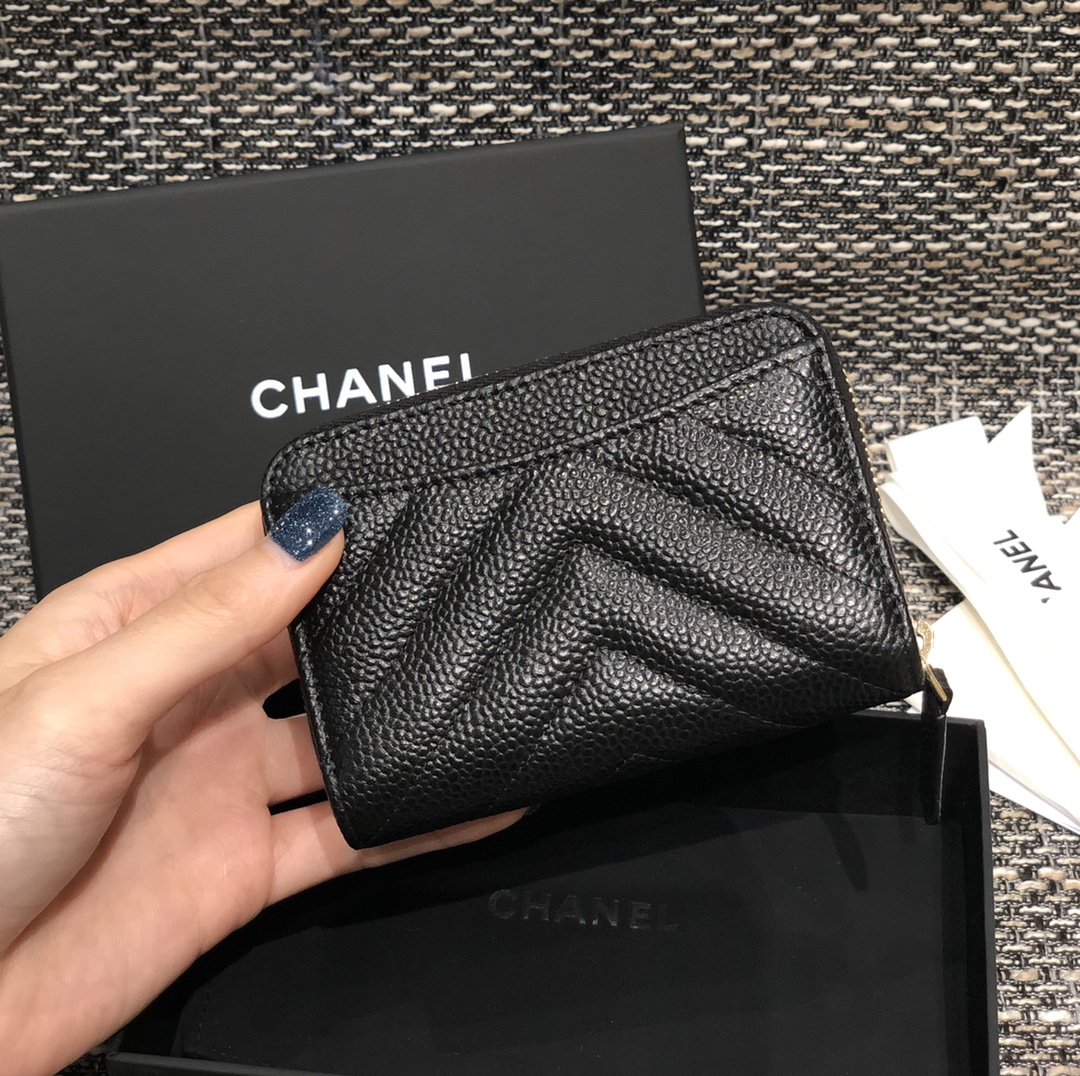 Bagsaaa Ch**el Chevron Coin Purse Caviar Leather Gold - 7.5×2×11.cm