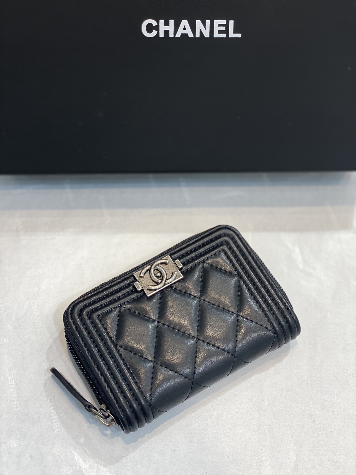 Bagsaaa Ch**el Leboy Coin Purse Lambskin Black Silver Hardware