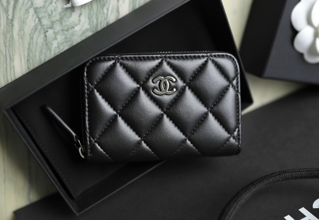 Bagsaaa Ch**el Black Caviar Coin Purse Silver Hardwware - 7.5×2×11.cm