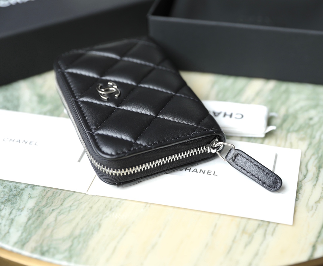 Bagsaaa Ch**el Black Caviar Coin Purse Silver Hardwware - 7.5×2×11.cm