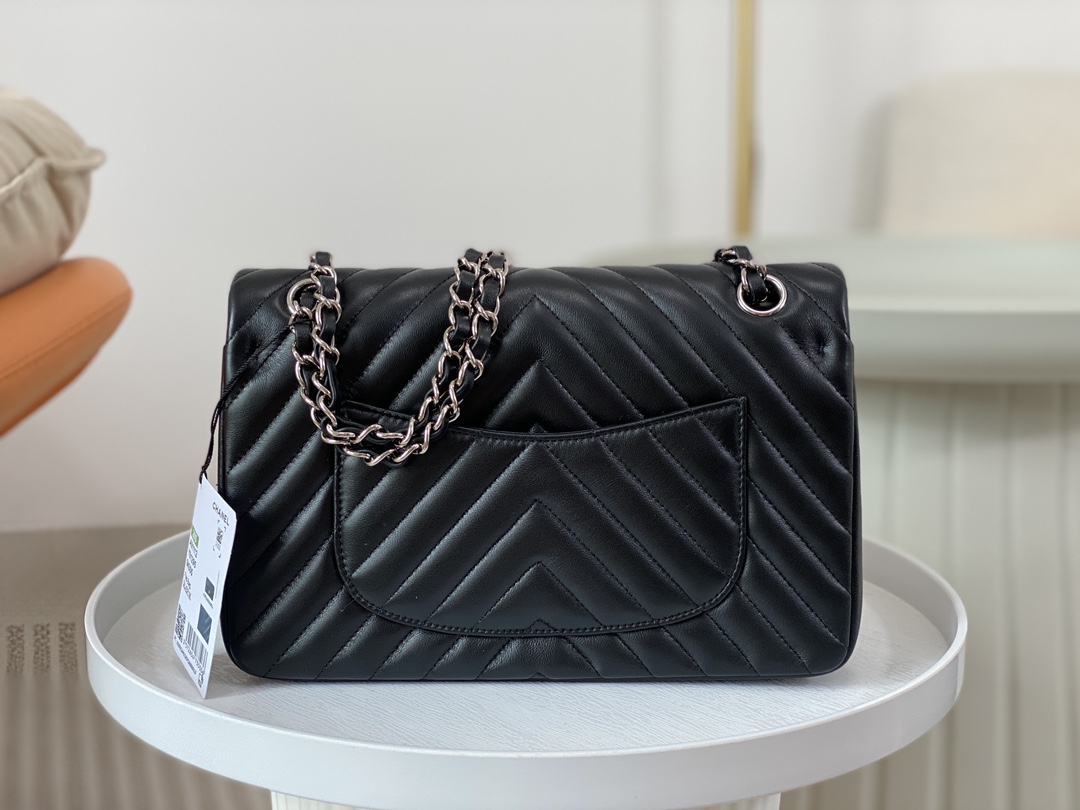 Bagsaaa Ch**el Chevron Flap Bag Lambskin Leather Black - 25cm