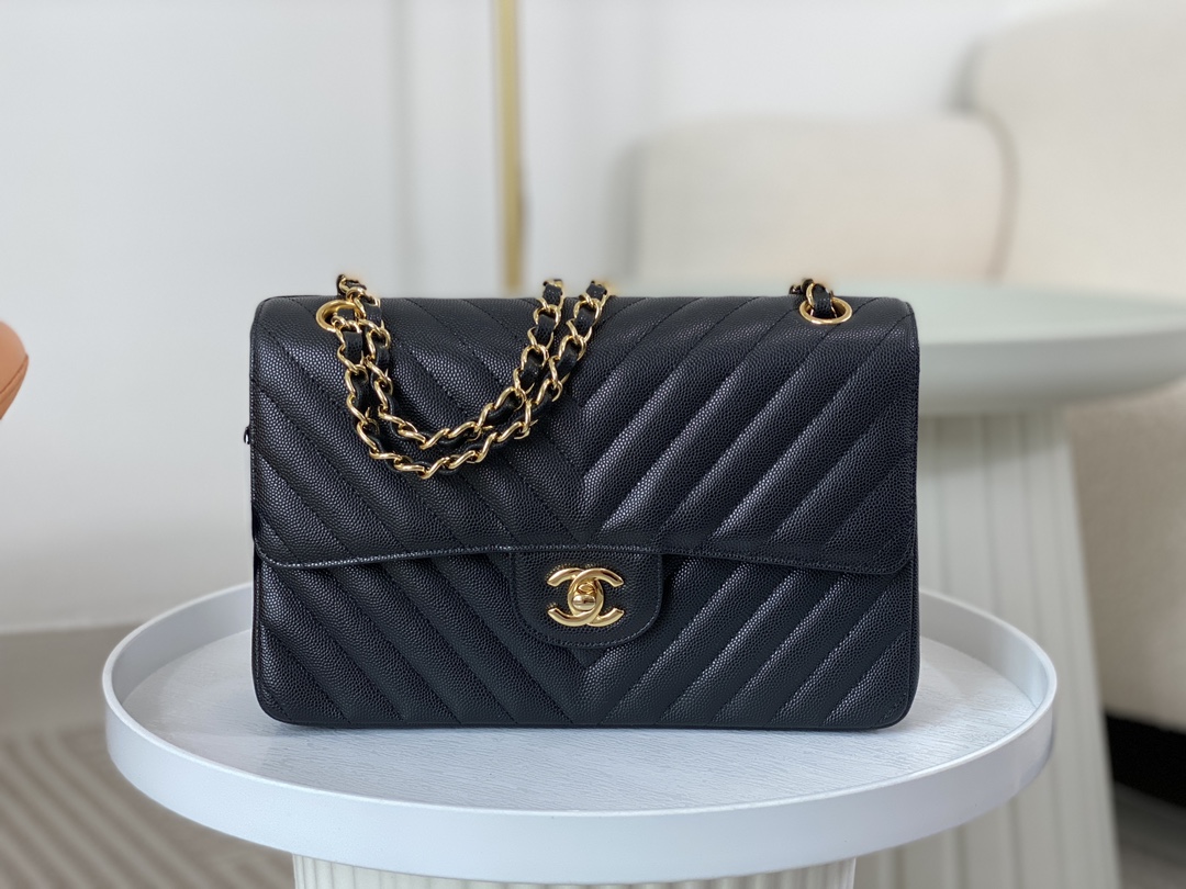 Bagsaaa Ch**el Chevron Flap Bag Caviar Leather Black - 25cm