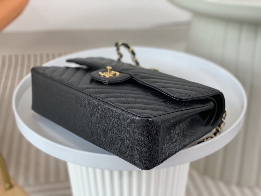 Bagsaaa Ch**el Chevron Flap Bag Caviar Leather Black - 25cm