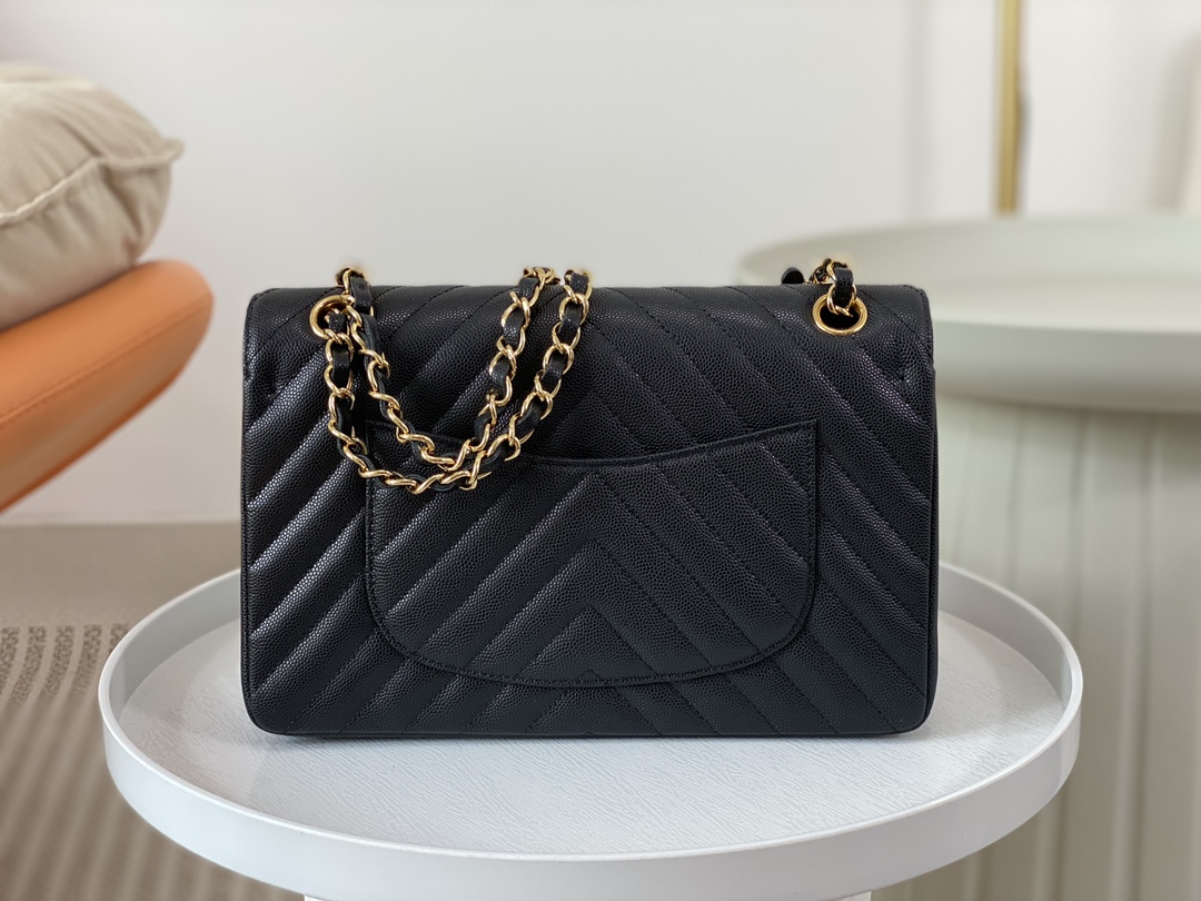 Bagsaaa Ch**el Chevron Flap Bag Caviar Leather Black - 25cm
