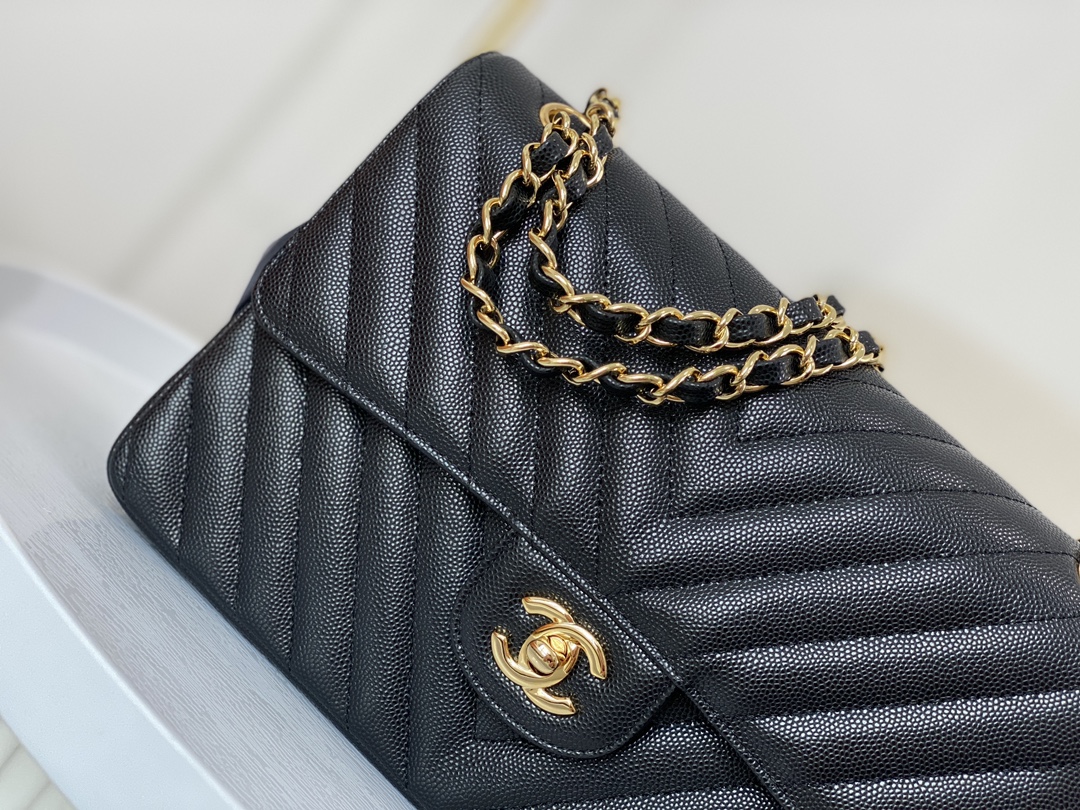 Bagsaaa Ch**el Chevron Flap Bag Caviar Leather Black - 25cm