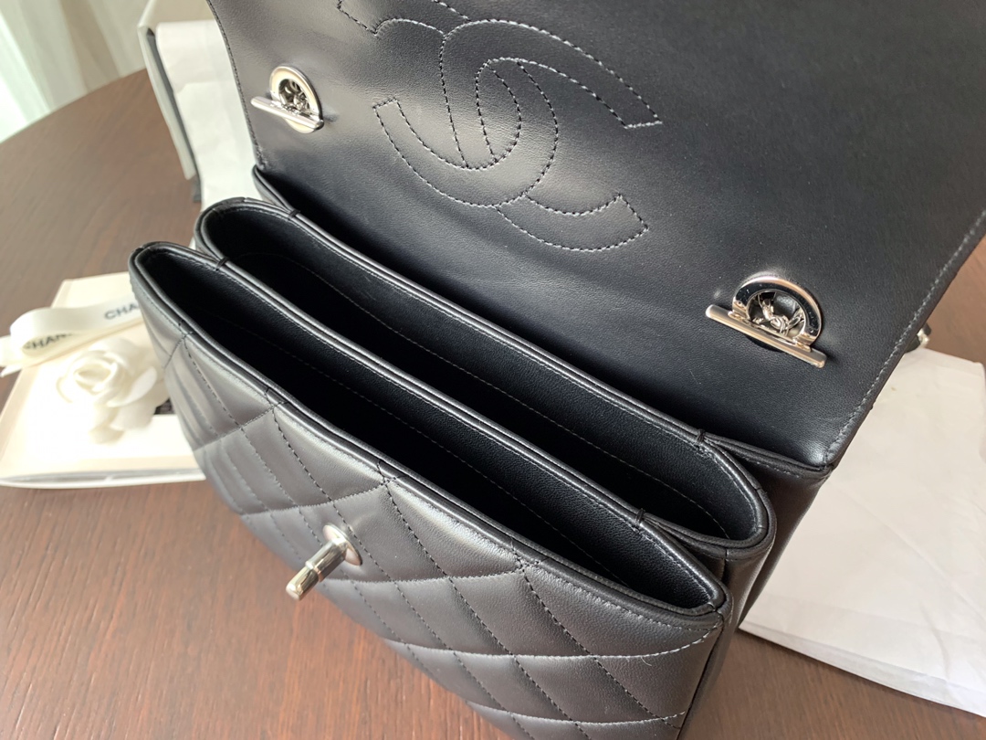 Bagsaaa Ch**el Flap Bag With Top Handle A92236 Black Silver Hardware - 17 × 25 × 12 cm
