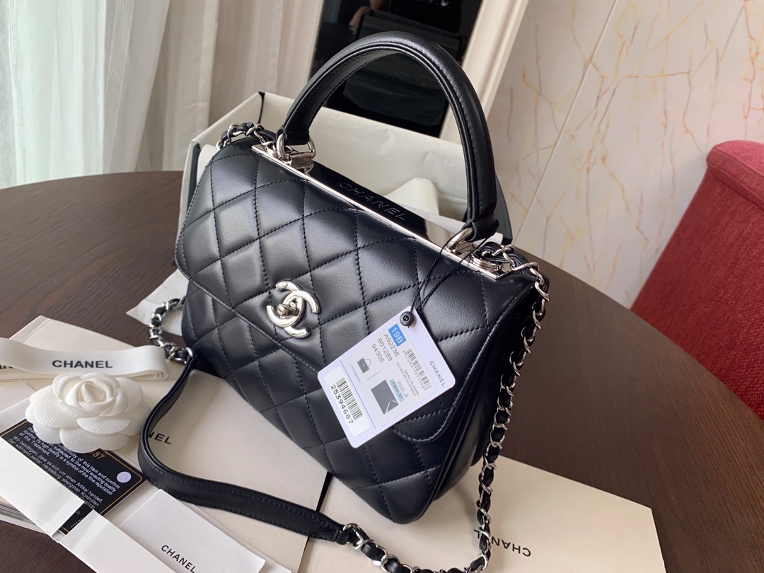 Bagsaaa Ch**el Flap Bag With Top Handle A92236 Black Silver Hardware - 17 × 25 × 12 cm
