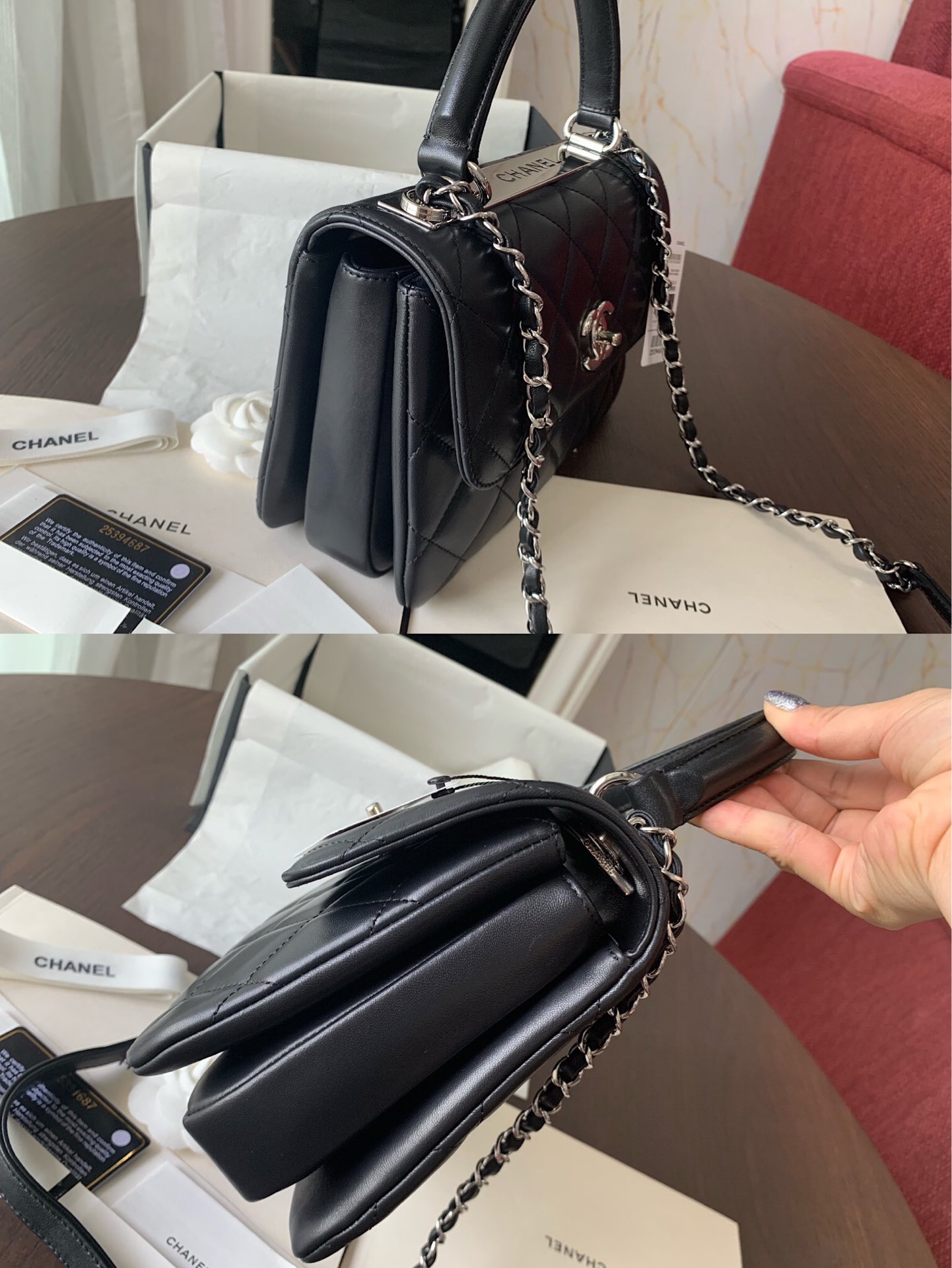 Bagsaaa Ch**el Flap Bag With Top Handle A92236 Black Silver Hardware - 17 × 25 × 12 cm
