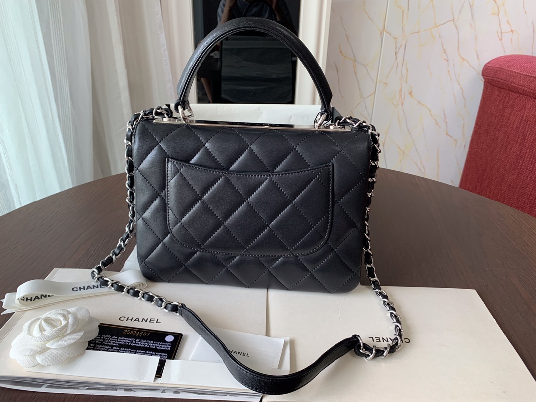 Bagsaaa Ch**el Flap Bag With Top Handle A92236 Black Silver Hardware - 17 × 25 × 12 cm