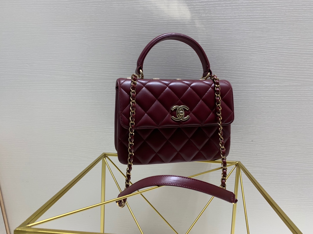 Bagsaaa Ch**el Trendy CC Burgundy Gold Hardware 25cm