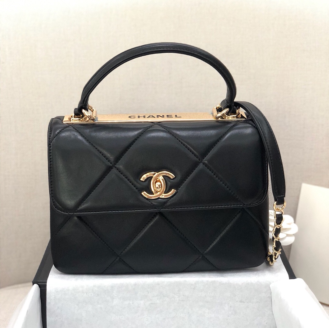 Bagsaaa Ch**el Trendy CC Large Quilting Black Leather Gold Hardware 25cm