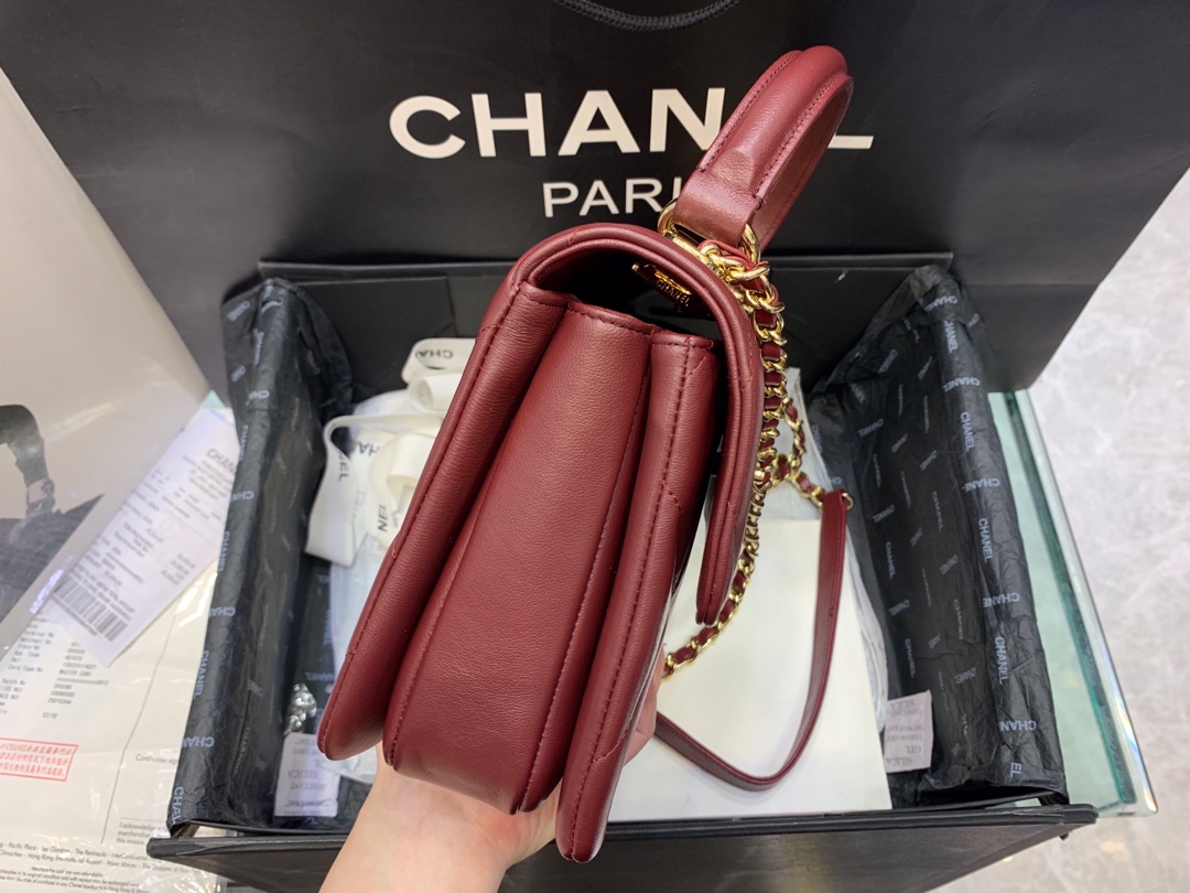 Bagsaaa Ch**el Trendy CC Large Quilting Burgundy Leather Gold Hardware 25cm
