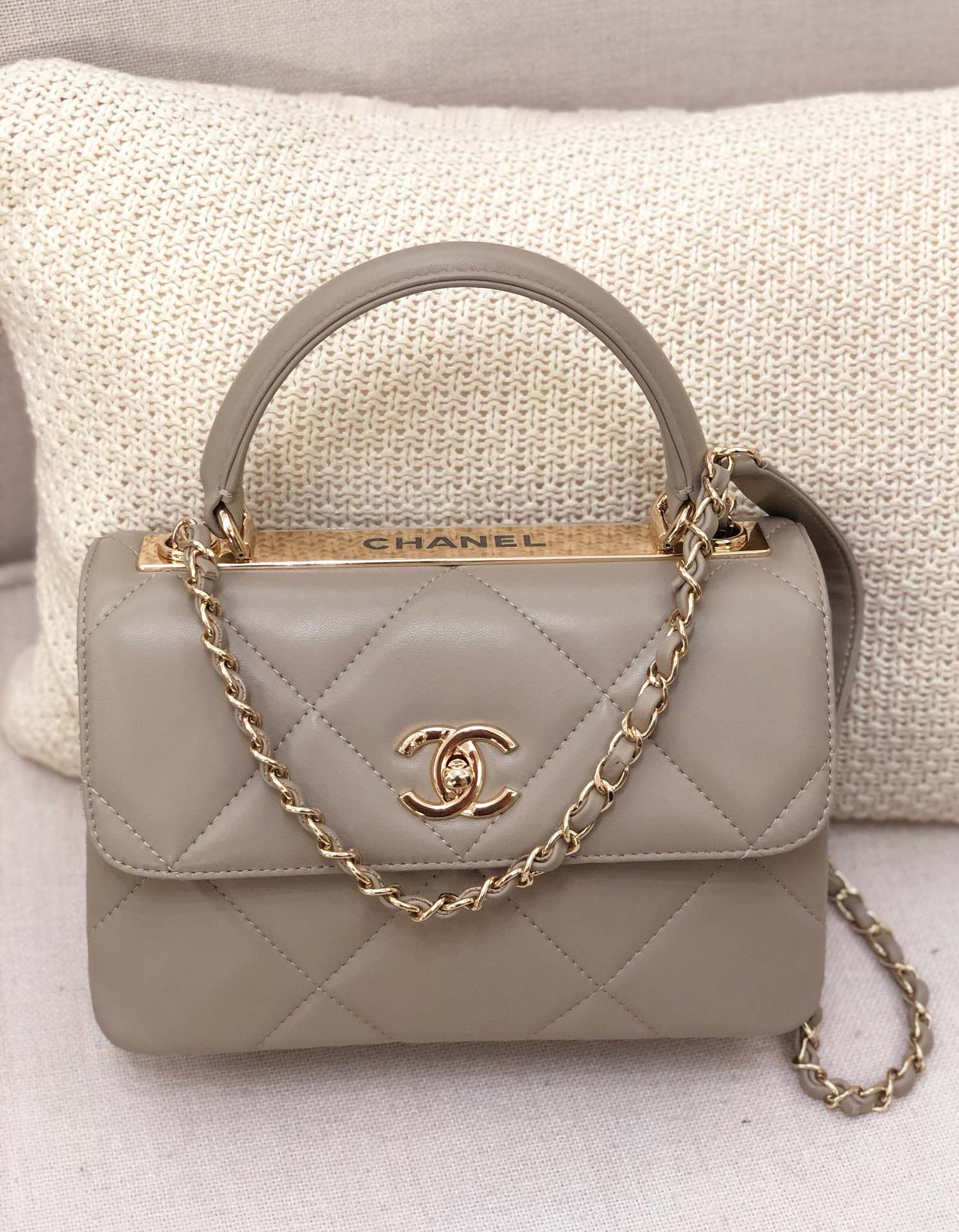 Bagsaaa Ch**el Trendy CC Large Quilting Grey Leather Gold