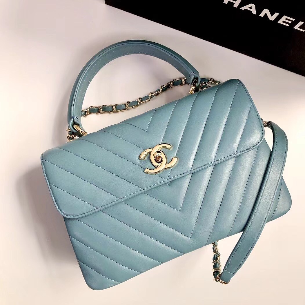 Bagsaaa Ch**el Trendy CC Chevron Blue Leather