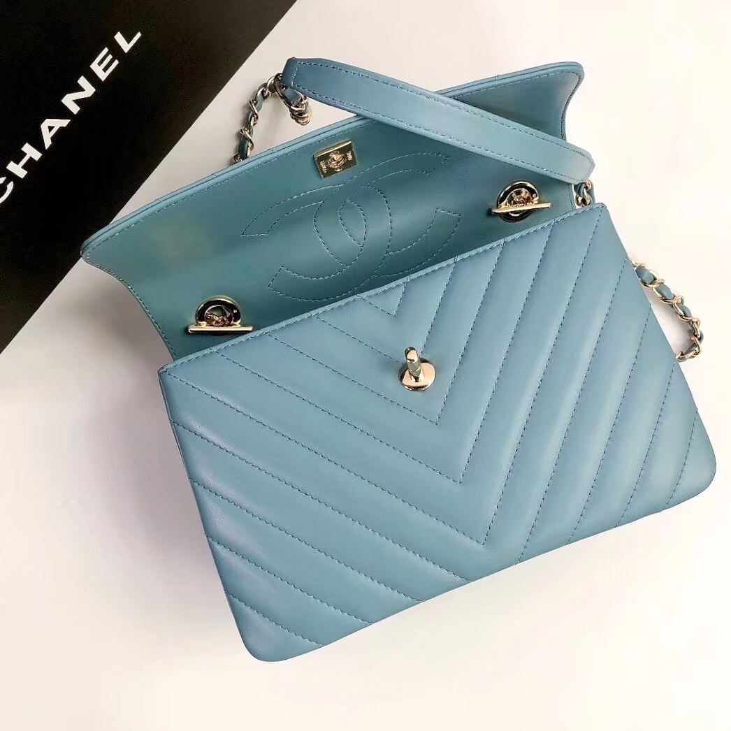 Bagsaaa Ch**el Trendy CC Chevron Blue Leather