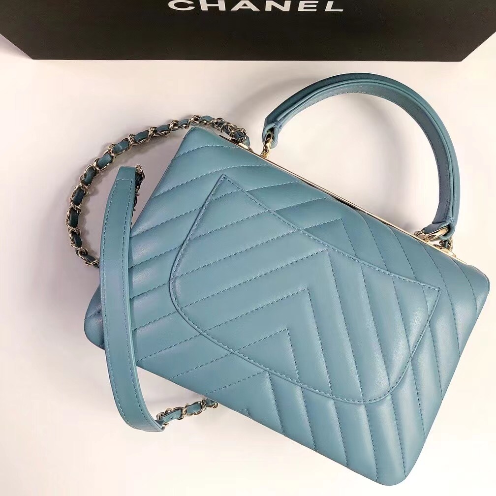 Bagsaaa Ch**el Trendy CC Chevron Blue Leather