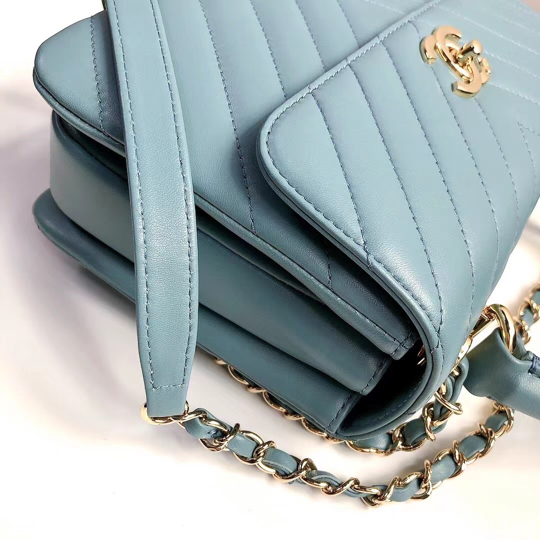 Bagsaaa Ch**el Trendy CC Chevron Blue Leather
