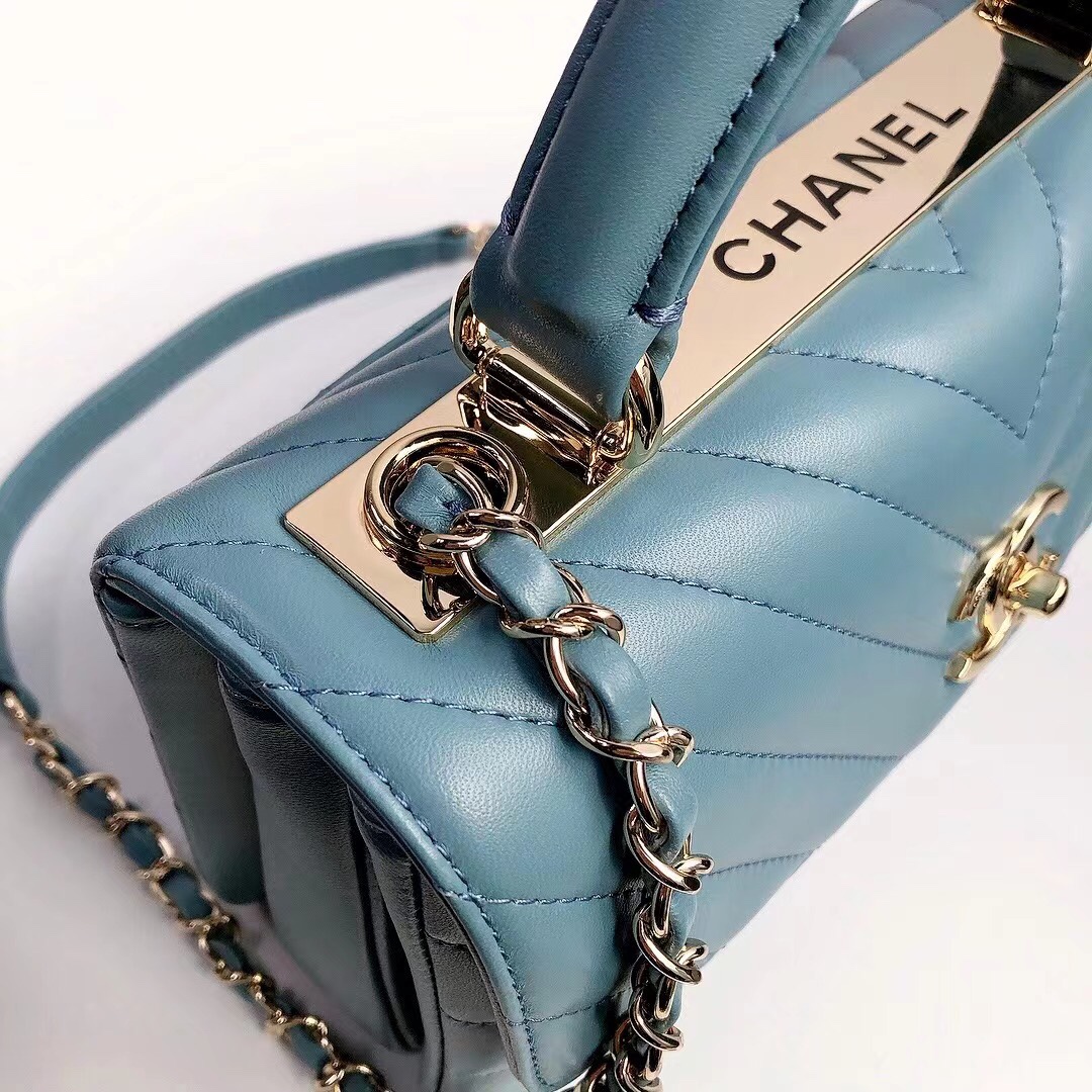 Bagsaaa Ch**el Trendy CC Chevron Blue Leather