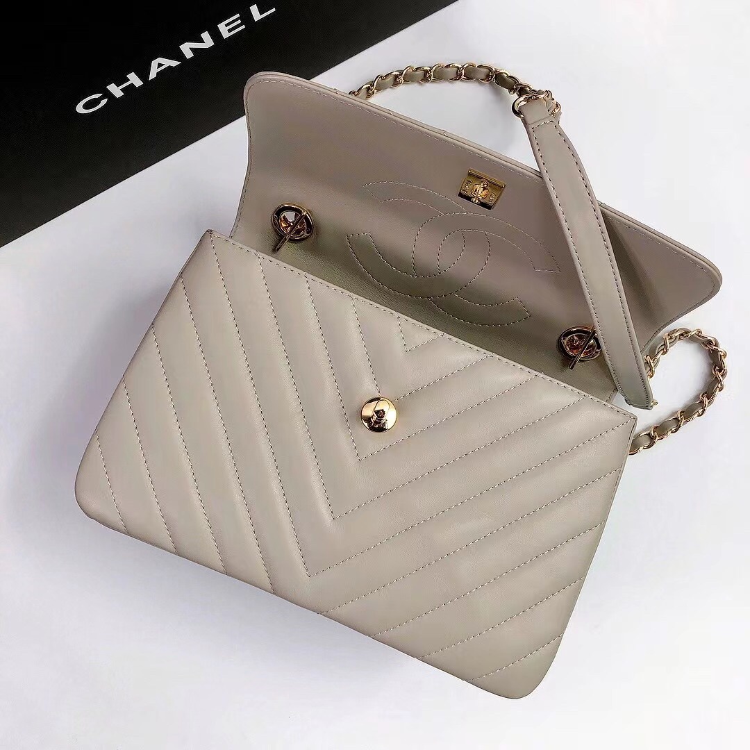 Bagsaaa Ch**el Trendy CC Chevron Grey Leather