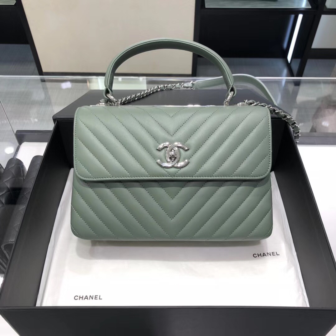 Bagsaaa Ch**el Trendy CC Chevron Blue Leather Silver Hardware