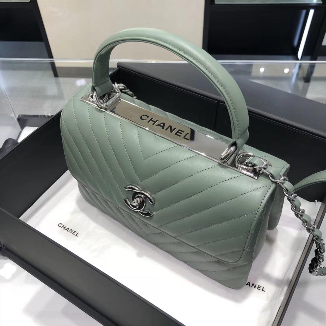 Bagsaaa Ch**el Trendy CC Chevron Blue Leather Silver Hardware
