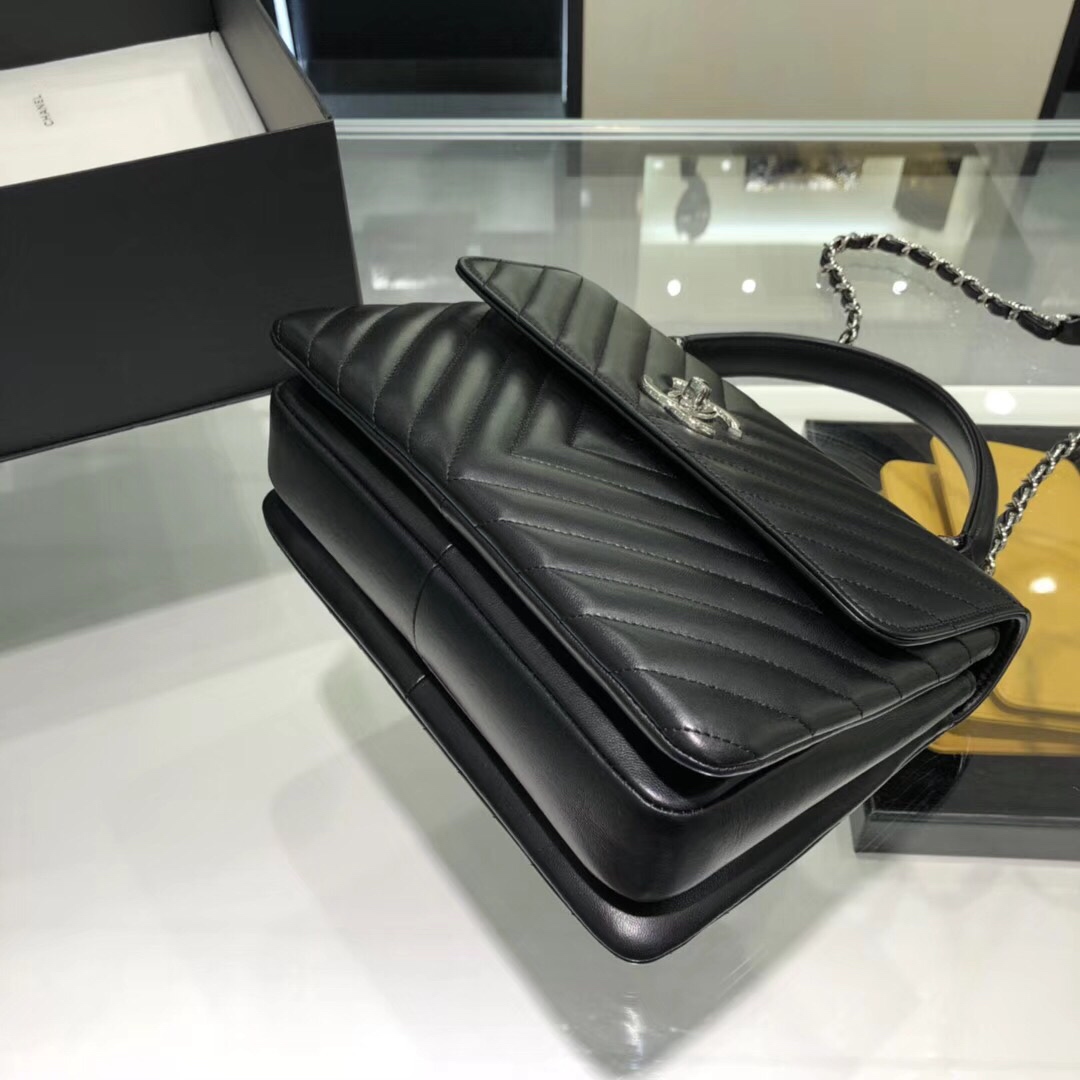 Bagsaaa Ch**el Trendy CC Chevron Black Leather Silver Hardware