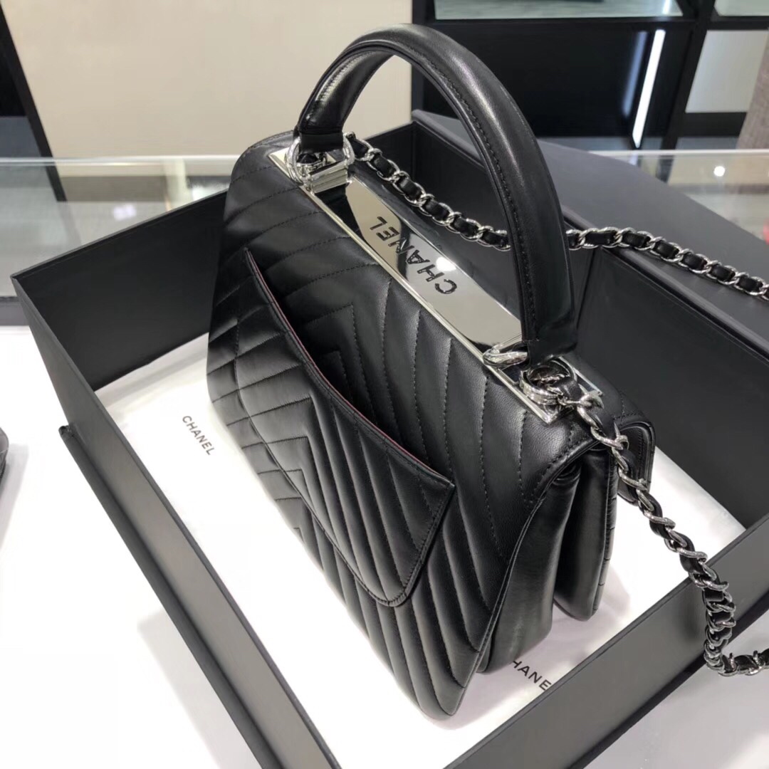 Bagsaaa Ch**el Trendy CC Chevron Black Leather Silver Hardware