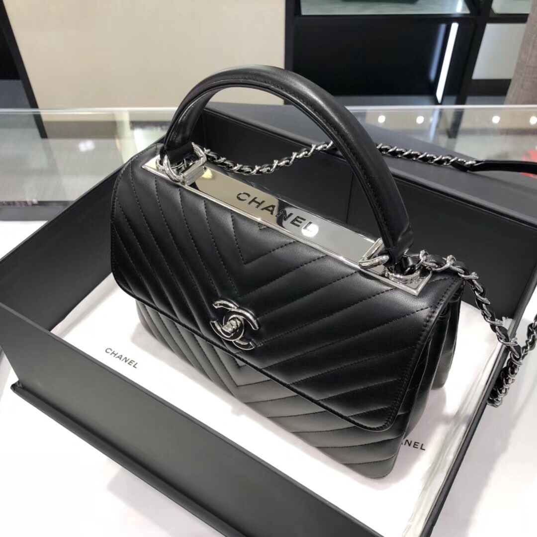 Bagsaaa Ch**el Trendy CC Chevron Black Leather Silver Hardware