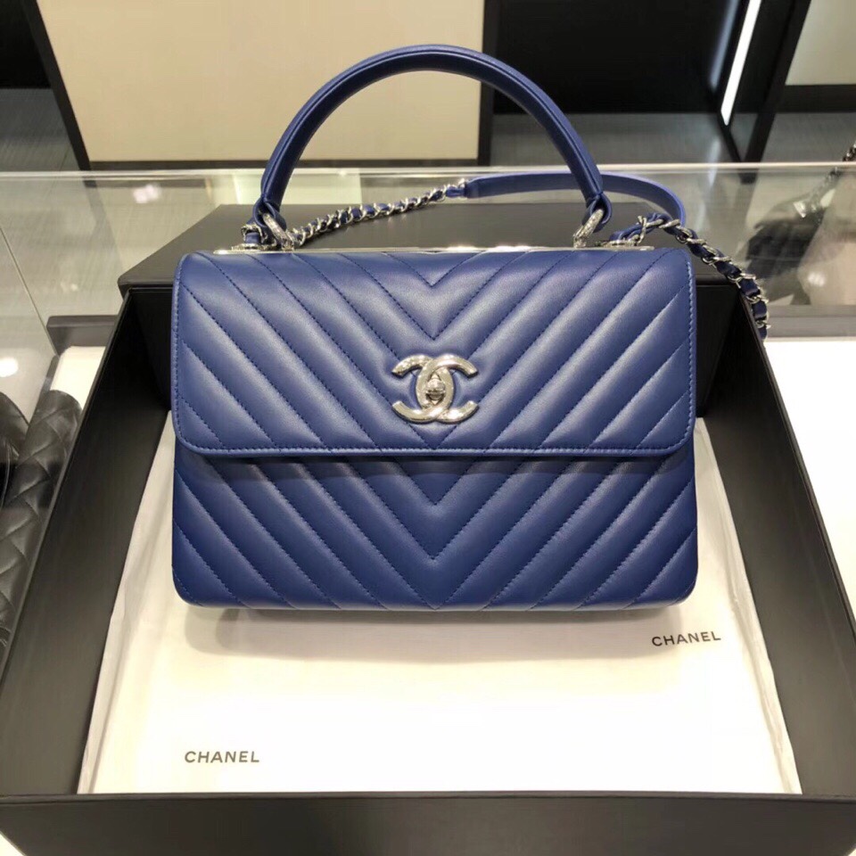 Bagsaaa Ch**el Trendy CC Chevron Blue Silver Hardware