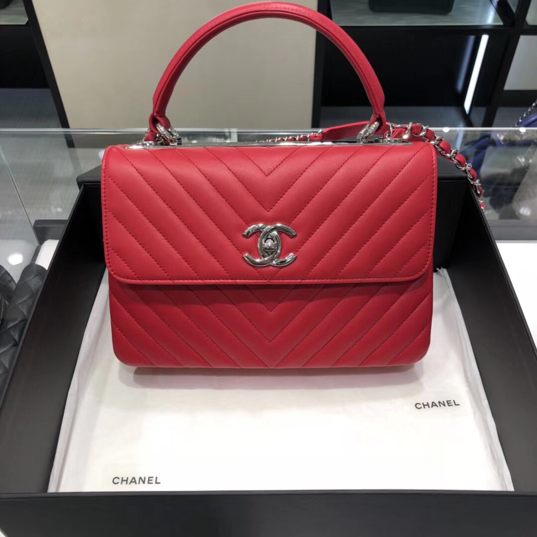Bagsaaa Ch**el Trendy CC Chevron Red Leather Silver Hardware