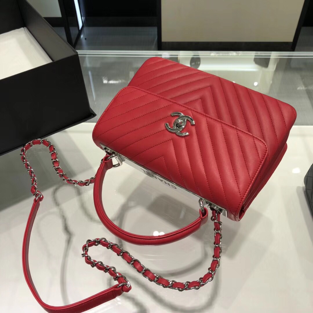 Bagsaaa Ch**el Trendy CC Chevron Red Leather Silver Hardware