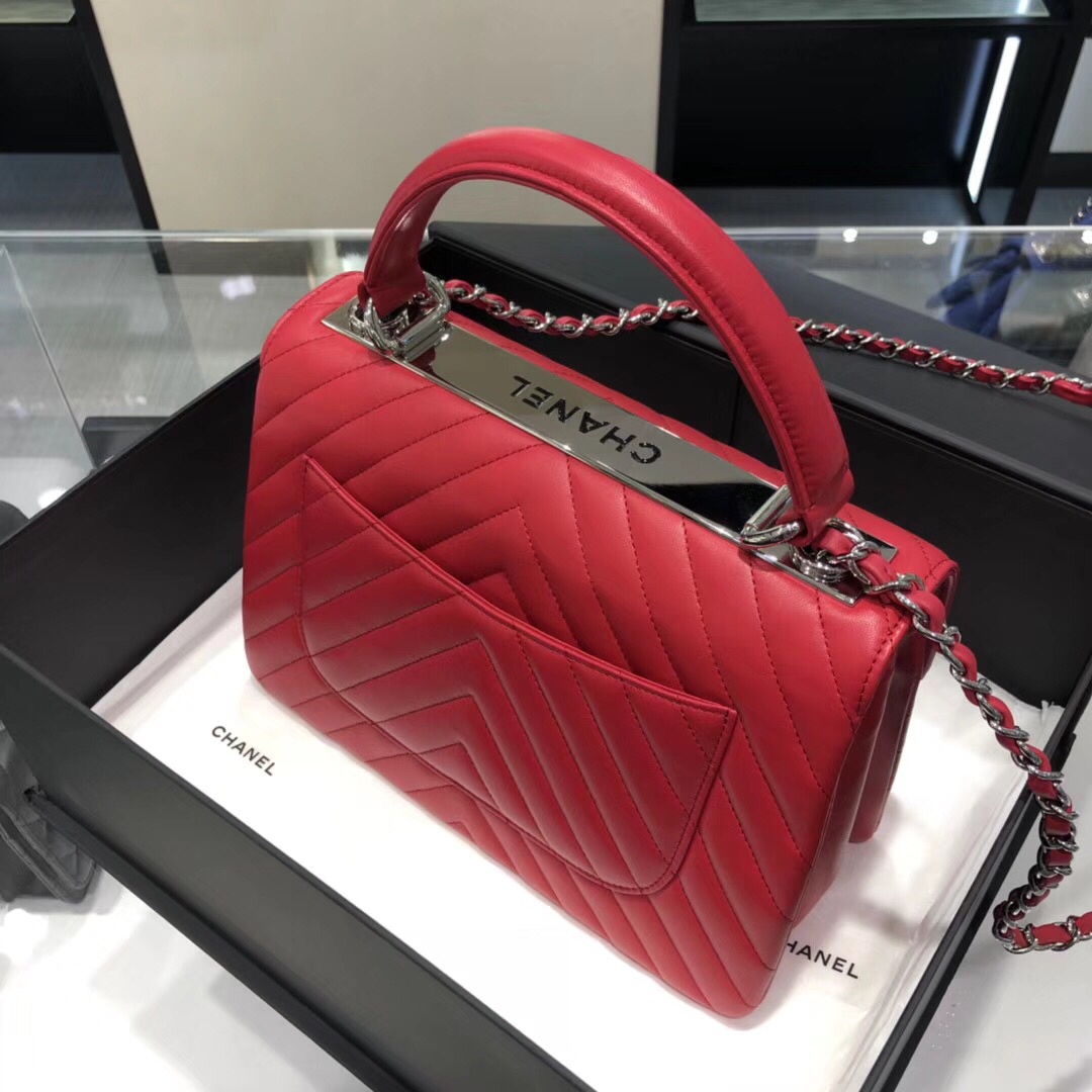 Bagsaaa Ch**el Trendy CC Chevron Red Leather Silver Hardware