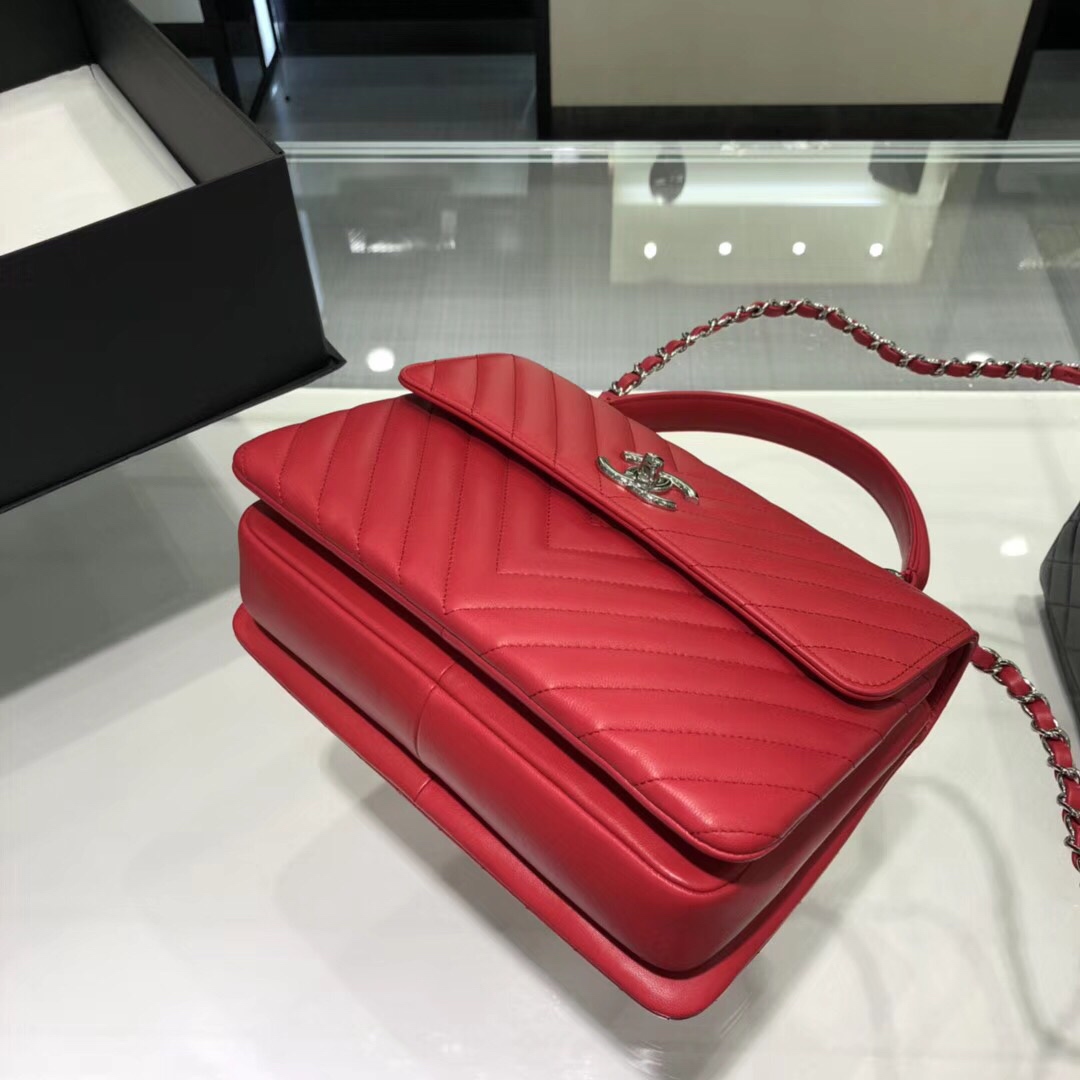 Bagsaaa Ch**el Trendy CC Chevron Red Leather Silver Hardware