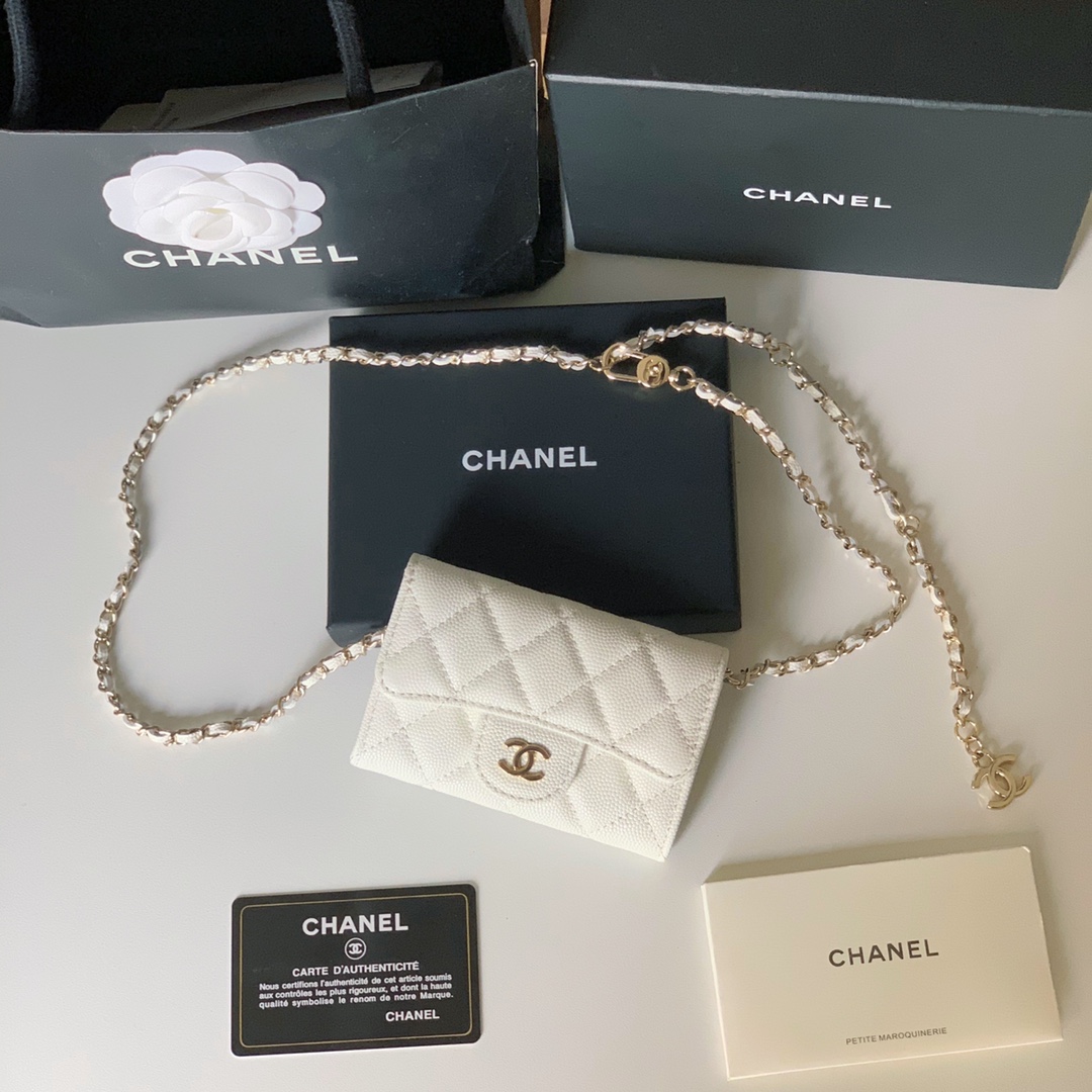 Bagsaaa Ch**el Flap Belt Bag White Caviar - 11 ×2 ×7.5cm